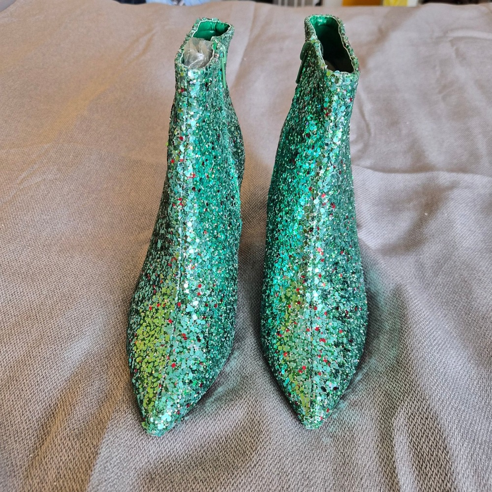 NWOT Emerald Green Sequin Glitter Ankle Booties Womens 8 Block Heel Party Glam